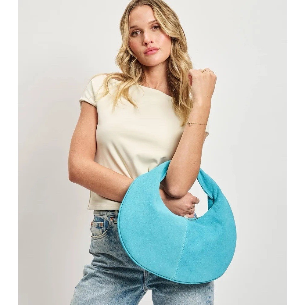 Farrah Suede Hobo Bag Sky Blue Crescent Shoulder Handbag Zip Top
